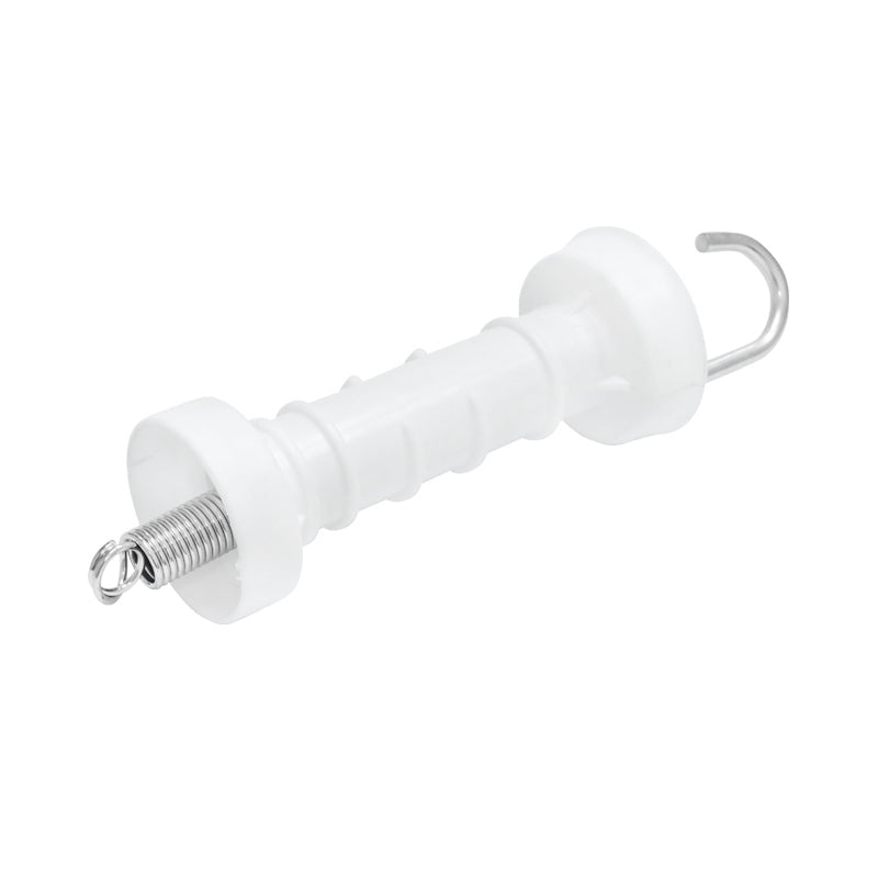 White gate handle with hook and electric fence arc Mezofarm
