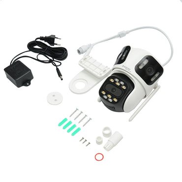 Surveillance camera with 3 lenses, 3 objectives 8 MP, 2 dual control CPUs, P2P WIFI 2.4G, PTZ with motion sensor, alarm, night vision, AI human detection, and iCSee application.