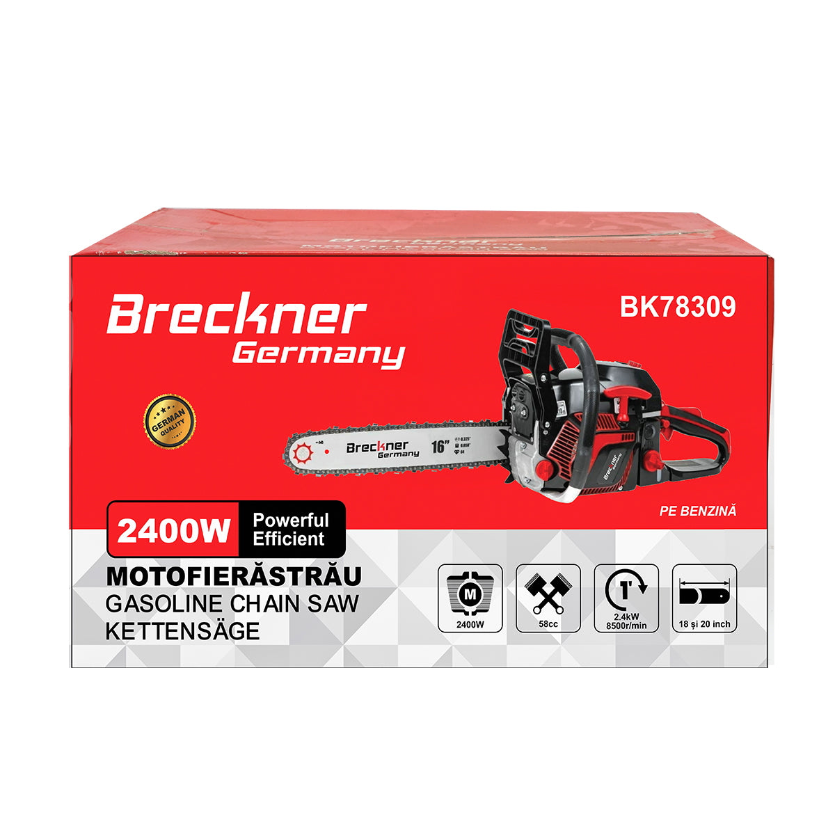 Chainsaw, 2-stroke, 58cc, 3.3HP, 8500rpm with 18 inch (45cm) blade Breckner Germany