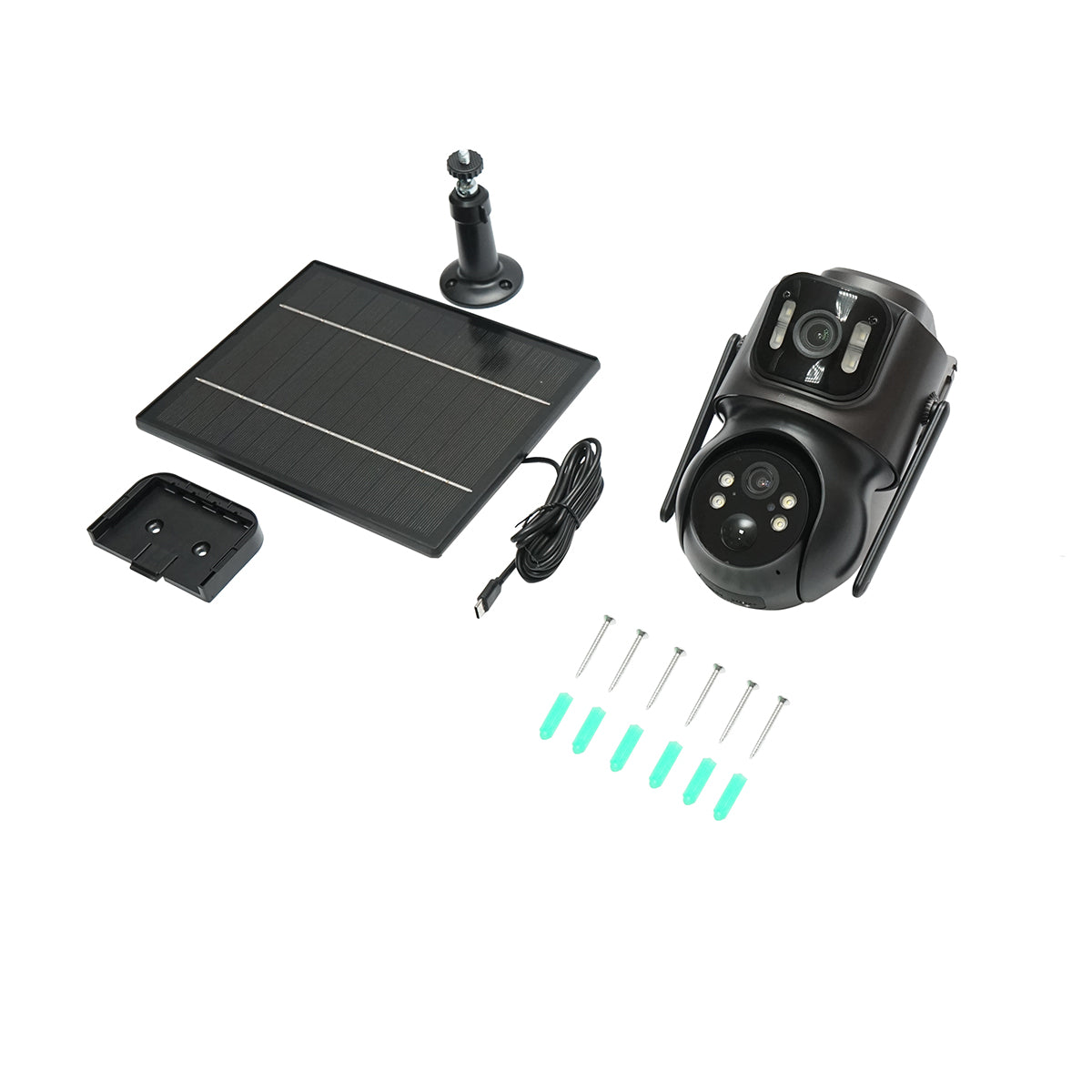 4 MP dual lens surveillance camera with 7.6W solar panel, fast charge 18650 battery, 2.4 GHz WIFI, 360 degree PTZ rotation with motion sensor, human detection PIR, alarm, night vision and iCSee application