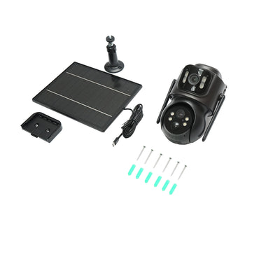 4 MP dual lens surveillance camera with 7.6W solar panel, fast charge 18650 battery, 2.4 GHz WIFI, 360 degree PTZ rotation with motion sensor, human detection PIR, alarm, night vision and iCSee application