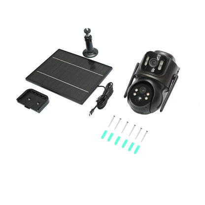 4 MP dual lens surveillance camera with 7.6W solar panel, fast charge 18650 battery, 2.4 GHz WIFI, 360 degree PTZ rotation with motion sensor, human detection PIR, alarm, night vision and iCSee application