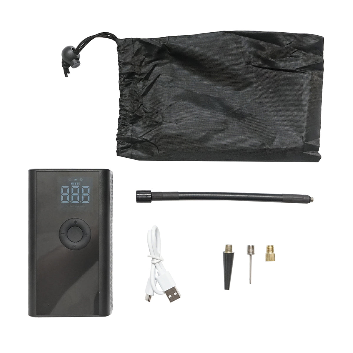 Black portable air compressor 36W rechargeable 4000mA battery with accessories