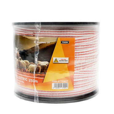 Red-white band roll 10mm with metal insert 4x0.16mm SS, resistance 13 Ohm/m, 250m electric fence Thor