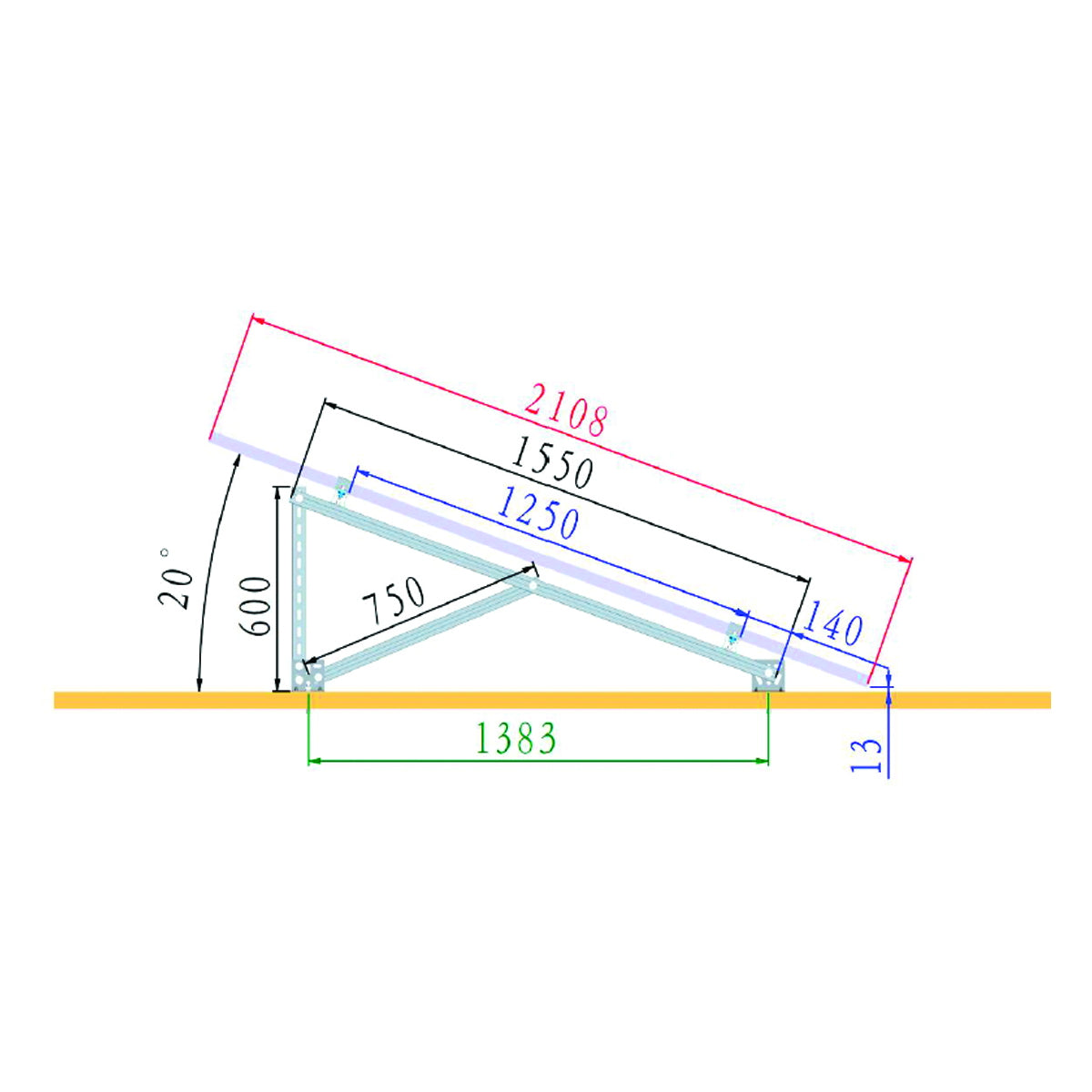 Complete mounting system on concrete for 4 photovoltaic solar panels with a 20-degree angle Breckner Germany