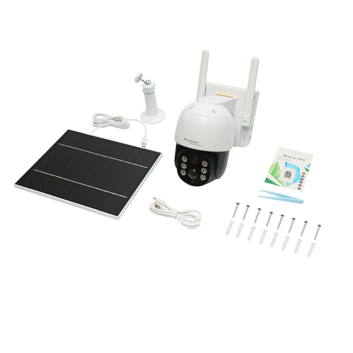4 MP surveillance camera with 7.6W solar panel, 18650 battery, 4G SIM card, 360-degree rotating PTZ with motion sensor, 64 GB memory card, human detection PIR, and iCSee application.