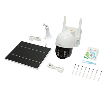 4 MP surveillance camera with 7.6W solar panel, 18650 battery, 4G SIM card, 360-degree rotating PTZ with motion sensor, 64 GB memory card, human detection PIR, and iCSee application.