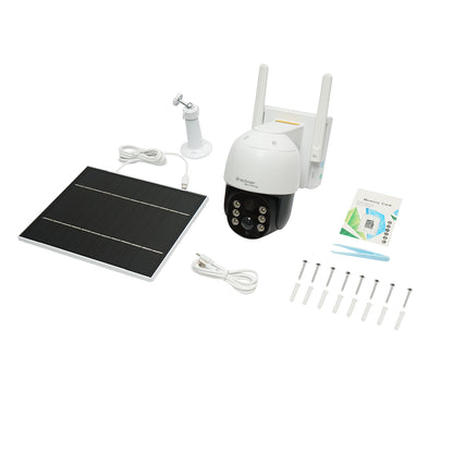 4 MP surveillance camera with 7.6W solar panel, 18650 battery, 4G SIM card, 360-degree rotating PTZ with motion sensor, 64 GB memory card, human detection PIR, and iCSee application.
