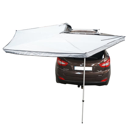 Side car awning, 270 degree canopy, foldable with ceiling attachment