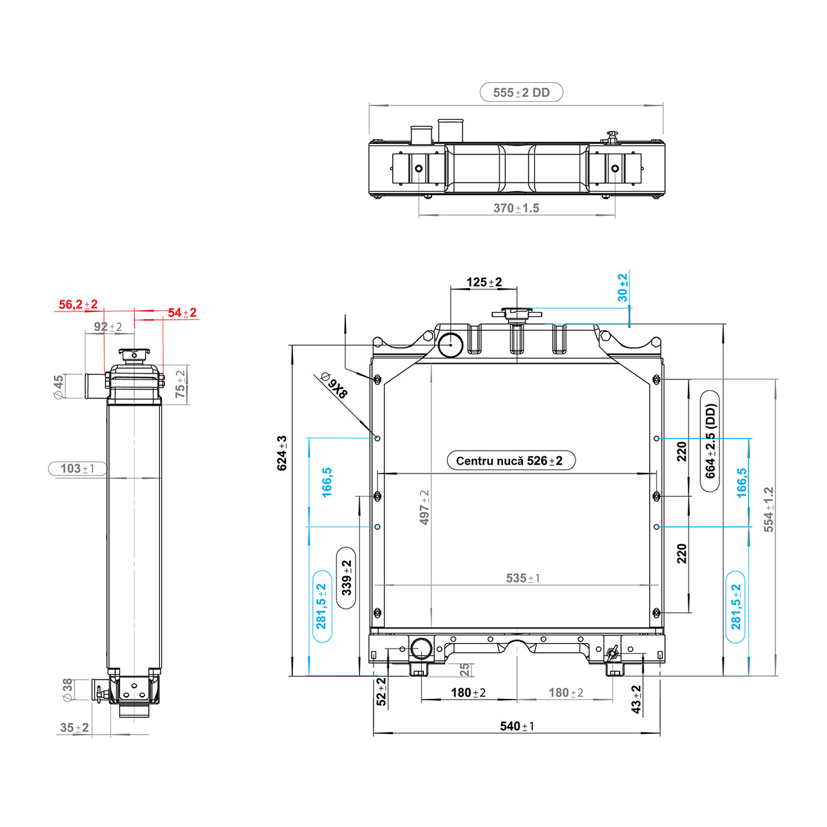 Water cooling radiator with 3 rows of cells for Fiat series 55, 90, A, CS OEM code 5143883, 5143884, 5167365, 4997175, 4997298, 5104143, 150-40 Breckner Germany