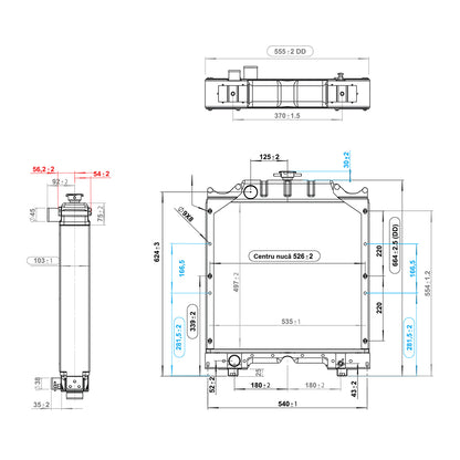 Water cooling radiator with 3 rows of cells for Fiat series 55, 90, A, CS OEM code 5143883, 5143884, 5167365, 4997175, 4997298, 5104143, 150-40 Breckner Germany