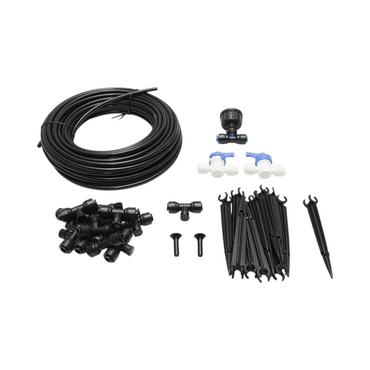 Complete irrigation kit with 15m hose, nozzles, taps, fixing rods 30 pieces