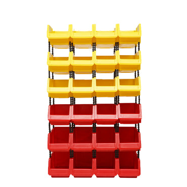 Stand with 24 boxes for storage/organization, red plastic box, yellow, 700x300x1150mm