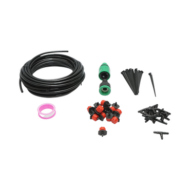 Complete drip irrigation kit with 10m hose, nozzles, connectors, fixing stakes - 49 pieces