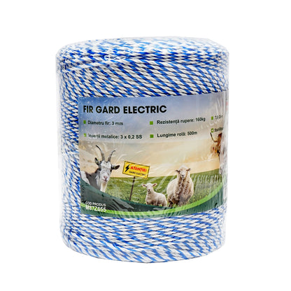 White-blue wire roll 3mm with metal insert 3x0.2mm SS, resistance 7.8 Ohm/m, 500m electric fence Mezofarm