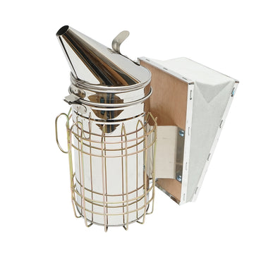 Stainless steel bee smoker with thermal shield cylinder and leather bellows 190mm