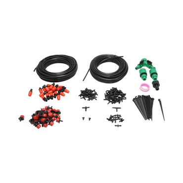 Complete drip and spray irrigation kit with 30m hose, nozzles, connectors, fixing stakes, 149 pieces.