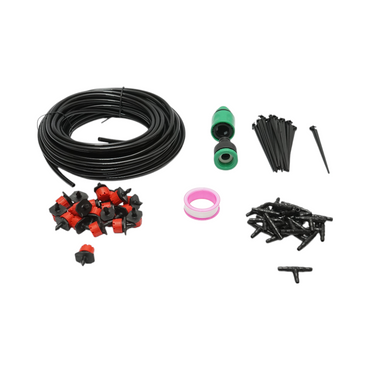 Complete drip irrigation kit with a 15.5m hose, nozzles, connectors, fixing stakes, 64 pieces.