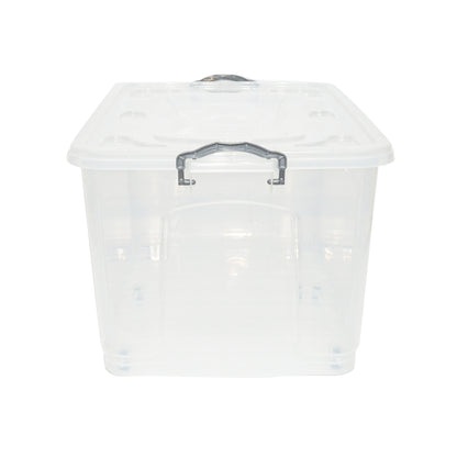 80L storage box with lid and wheels made of transparent plastic 725x470x360mm