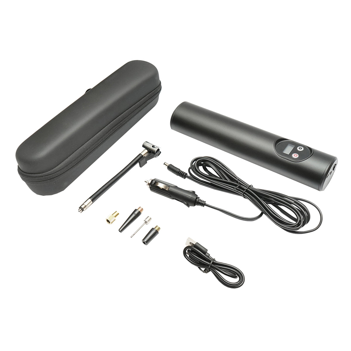 Black portable air compressor 12.4V 6000mAh rechargeable battery 250x56x47mm with accessories