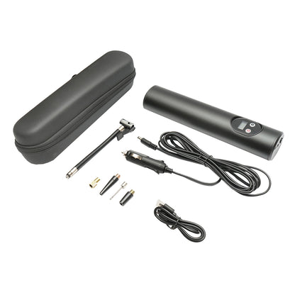 Black portable air compressor 12.4V 6000mAh rechargeable battery 250x56x47mm with accessories