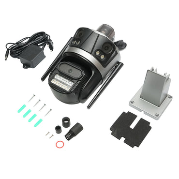 Surveillance camera with 3 lenses, 3 objectives 8 MP, 2 dual control CPUs, P2P WIFI 2.4G, PTZ with motion sensor, alarm, night vision, AI human detection, and iCSee application.
