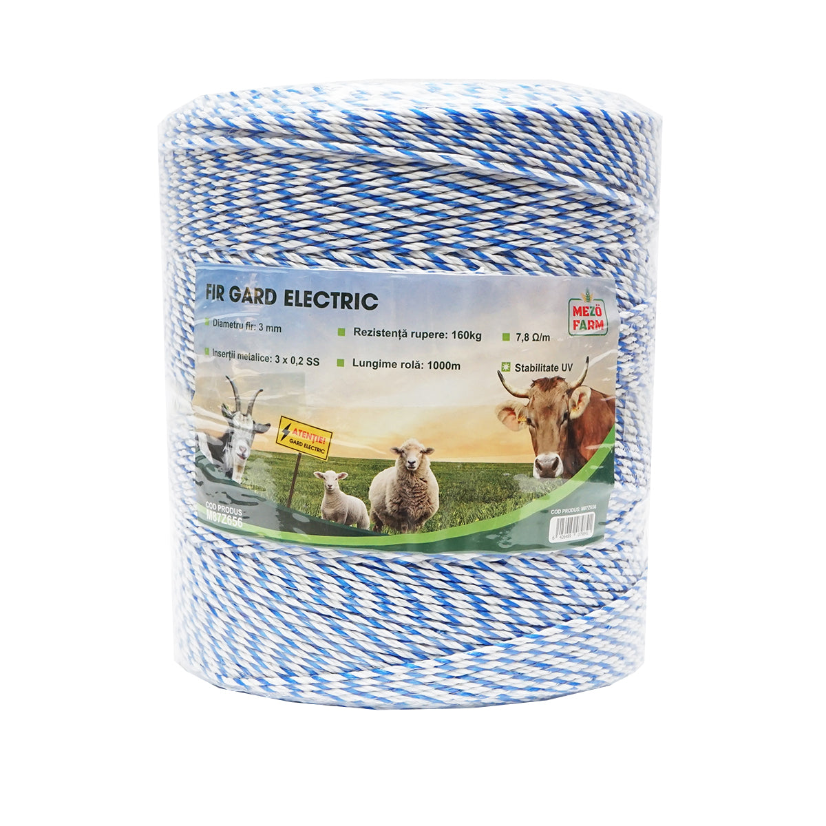 White-blue wire roll 3mm with metal insert 3x0.2mm SS, resistance 7.8 Ohm/m, 1000m electric fence Mezofarm