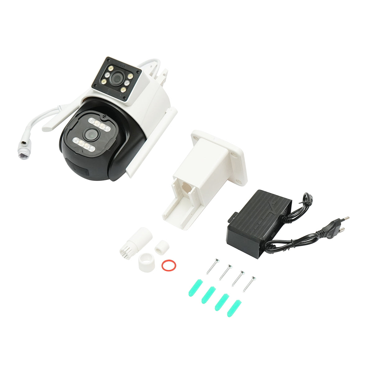 Dual lens surveillance camera 6MP, P2P WIFI 2.4G 1080P, PTZ with motion sensor, human detection, and iCSee application.