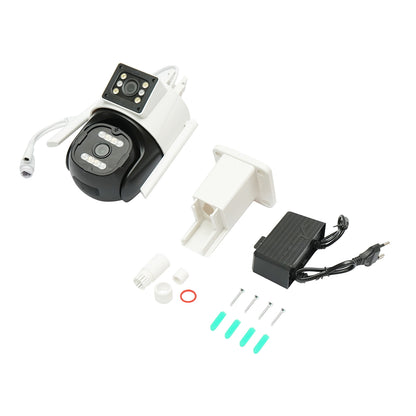 Dual lens surveillance camera 6MP, P2P WIFI 2.4G 1080P, PTZ with motion sensor, human detection, and iCSee application.