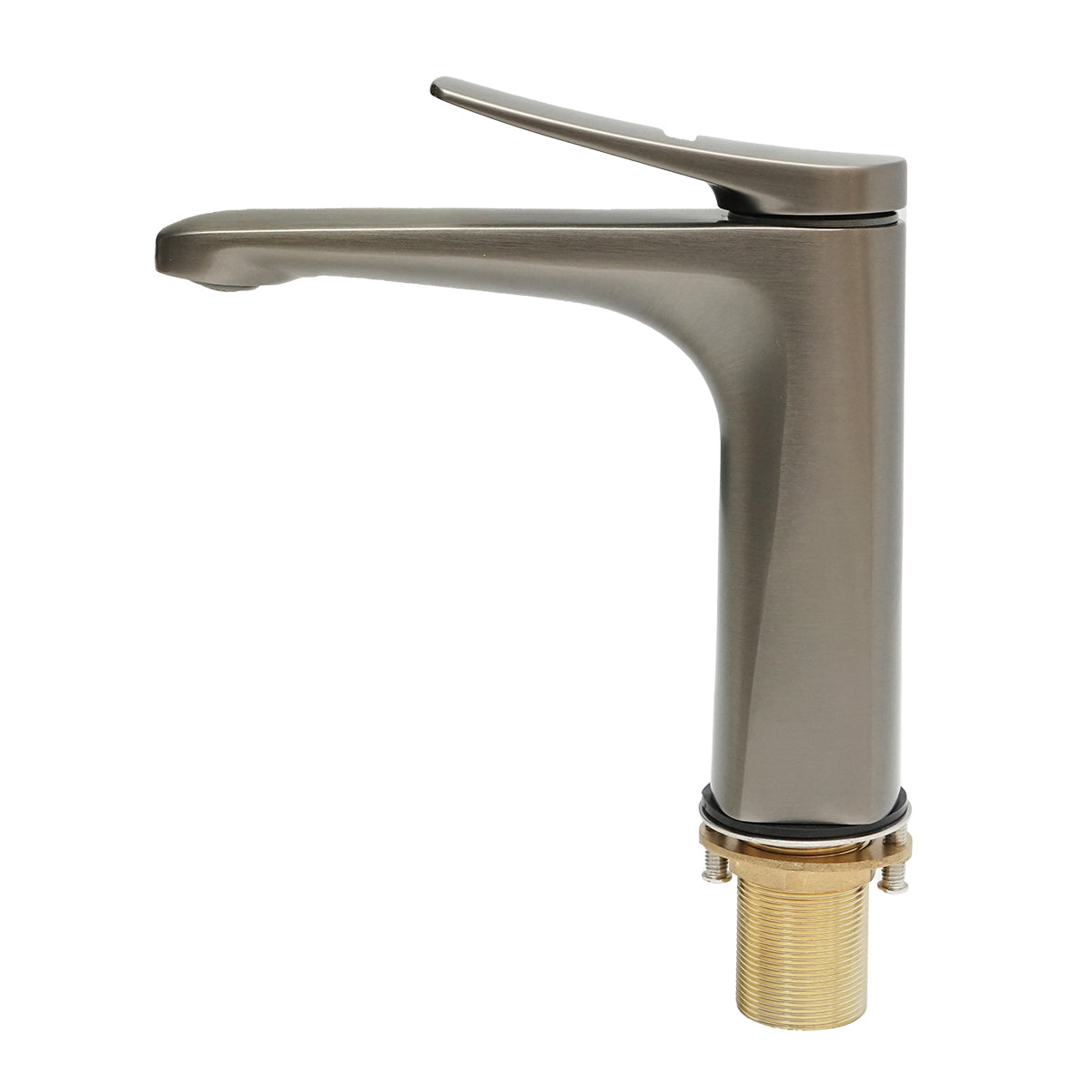 Bathroom sink faucet, mounted on sink or countertop, matte graphite finish.