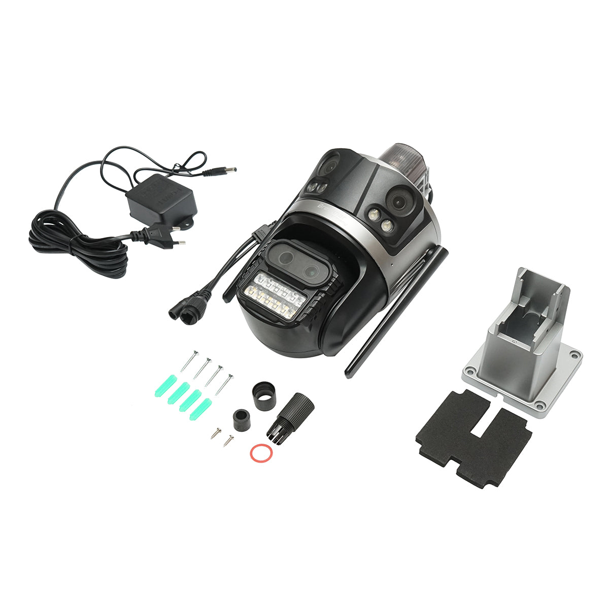 Surveillance camera with 4 lenses, 3 objectives 12 MP, 2 dual control CPUs, P2P WIFI 2.4G, PTZ with motion sensor, alarm, night vision, AI human detection, and iCSee application.