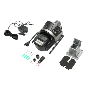 Surveillance camera with 4 lenses, 3 objectives 12 MP, 2 dual control CPUs, P2P WIFI 2.4G, PTZ with motion sensor, alarm, night vision, AI human detection, and iCSee application.