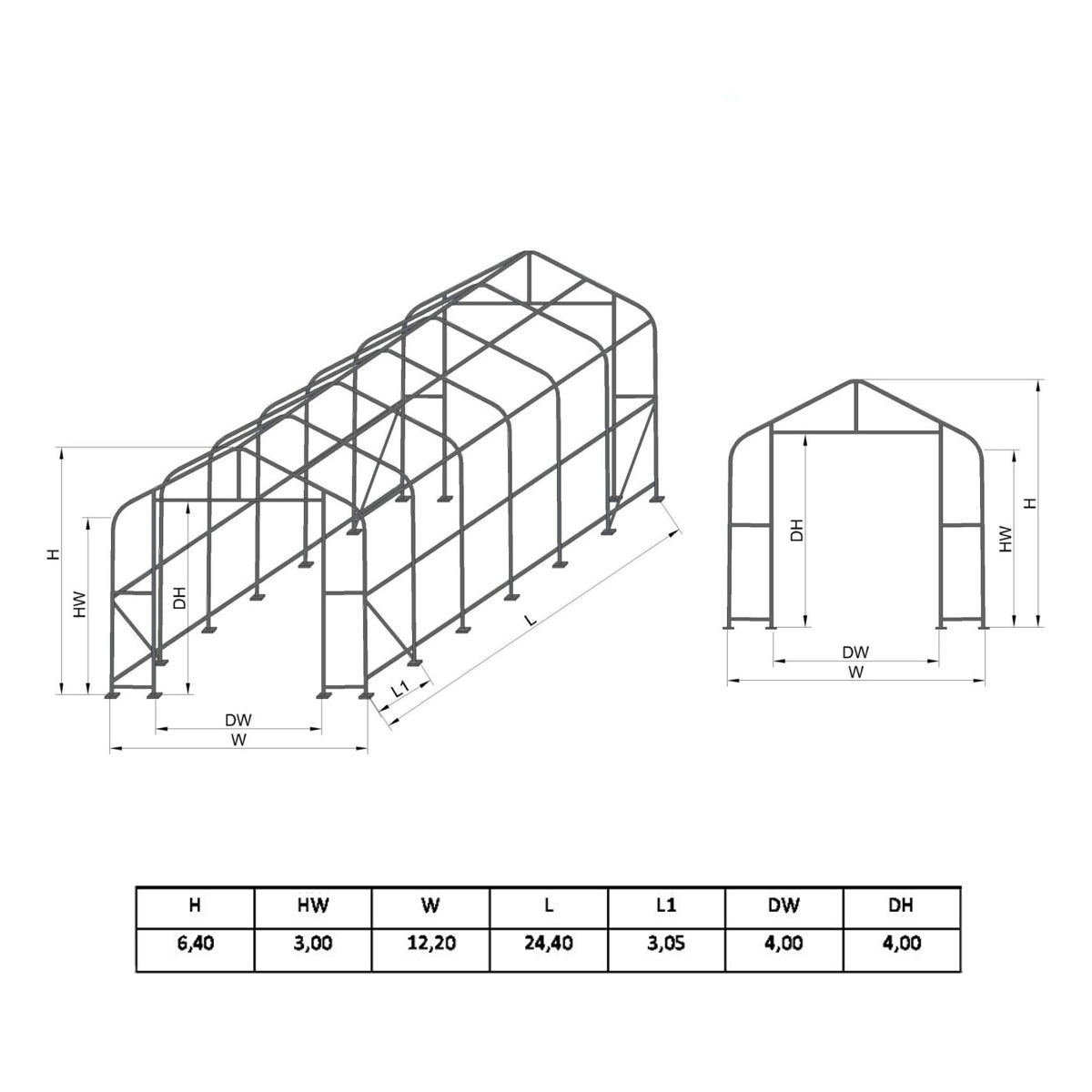 PVC industrial hall, width 12.2m, length 24m, height 6.4m with a metal load-bearing structure.