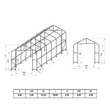 PVC industrial hall, width 12.2m, length 24m, height 6.4m with a metal load-bearing structure.