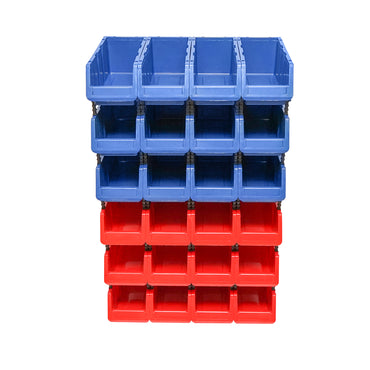 Stand with 24 boxes for storage/organization, red plastic box, blue, 700x400x1150mm