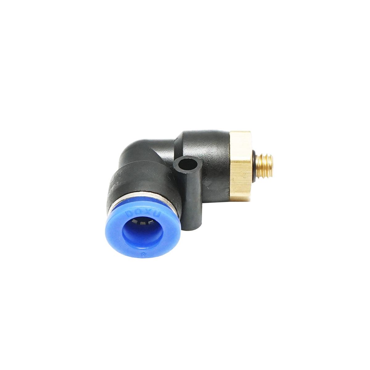 Quick reduction plastic elbow fitting for 8mm hose and M6 metal thread