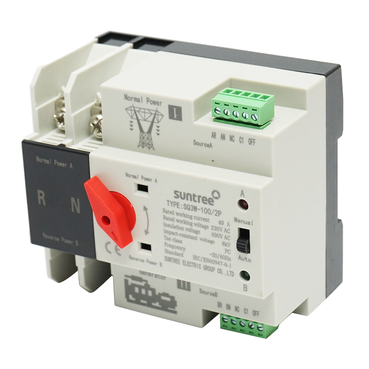 ATS switch 220V single-phase, automatic separator from photovoltaic panels to grid ATS-2P-63A Suntree