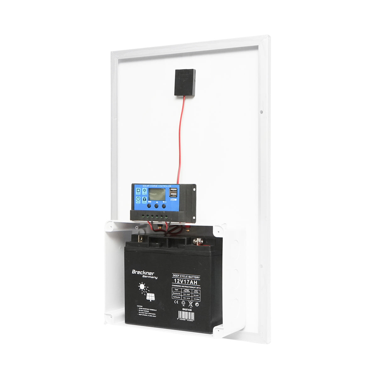 30W solar panel 560x350x135mm with 12V/17Ah battery, 12-24V/10Ah regulator, and 2x USB ports Breckner Germany