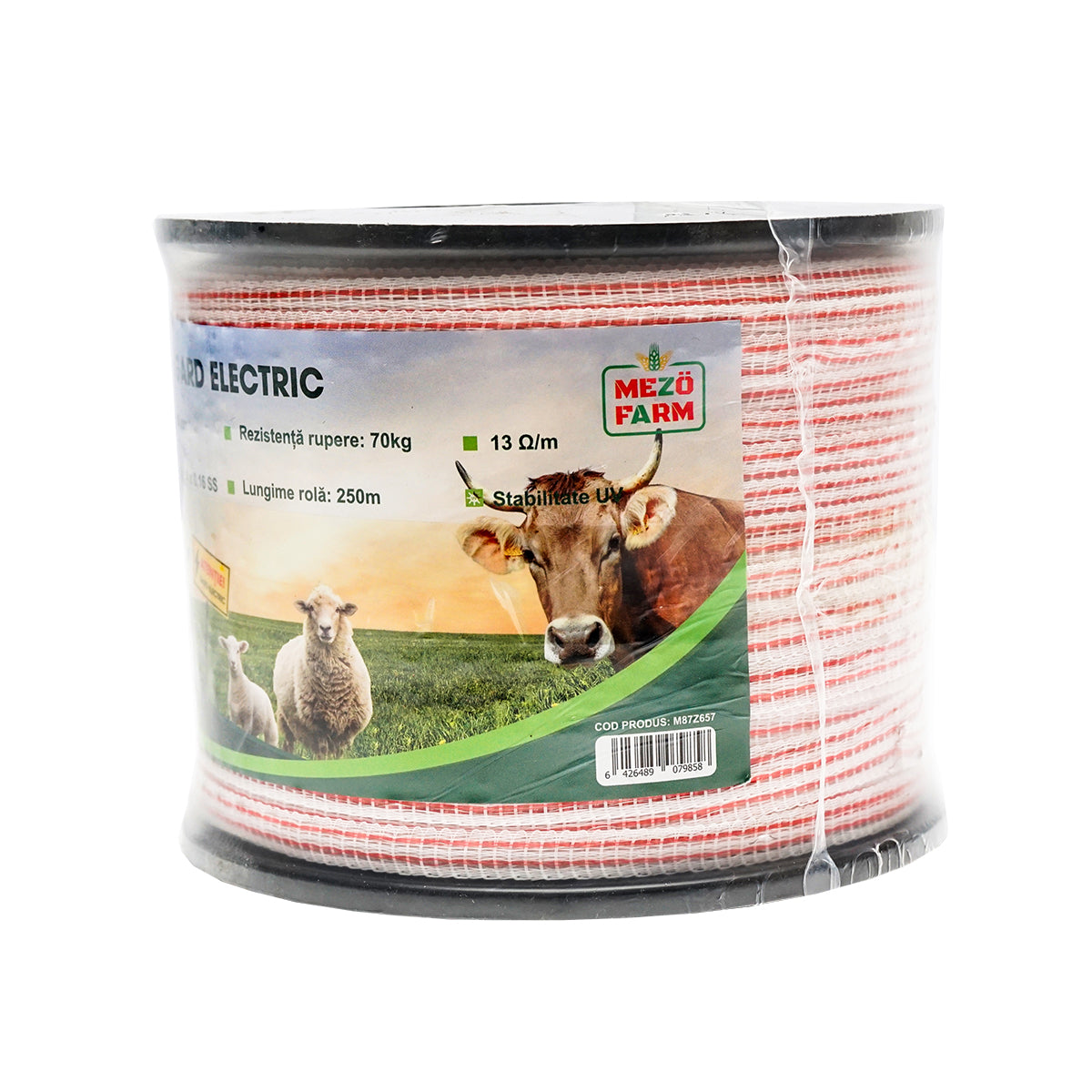 Red-white band roll 10mm with 4x0.16mm SS metal insert, resistance 13 Ohm/m, 250m electric fence Mezofarm
