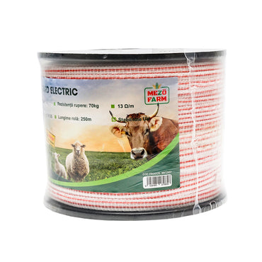 Red-white band roll 10mm with 4x0.16mm SS metal insert, resistance 13 Ohm/m, 250m electric fence Mezofarm