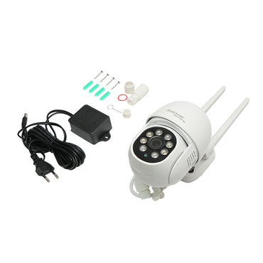 8 MP surveillance camera, WIFI 2.4GHz, 360-degree PTZ rotation with motion sensor, alarm, human detection, night vision, and IPC360 Home application.