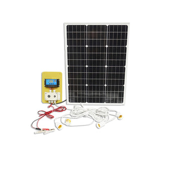Set of 50W monocrystalline photovoltaic solar panel 670x540x30mm 12-24V battery 12/17Ah 4 bulbs 9W Breckner Germany