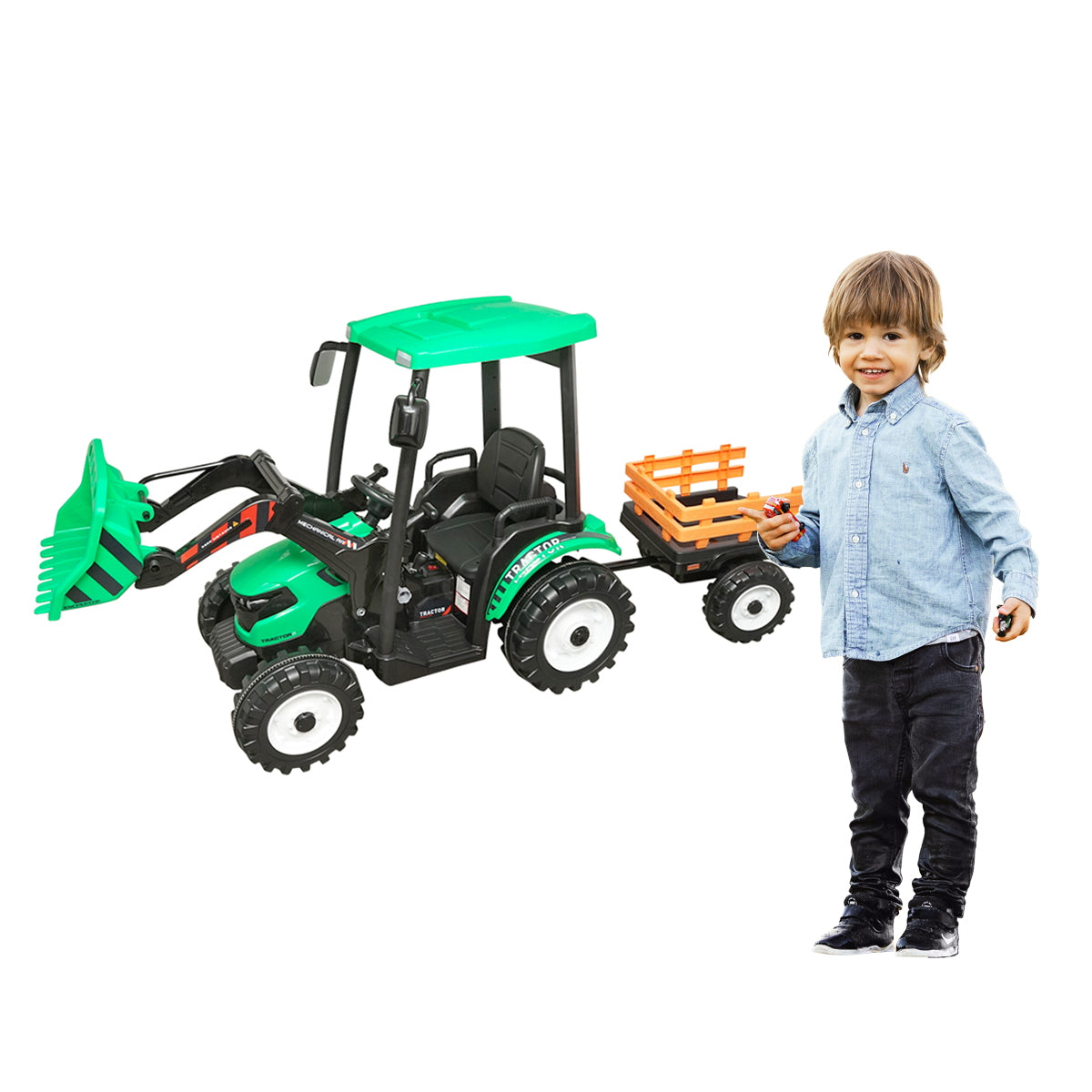 Electric trailer tractor for kids with a 12V/10Ah battery and remote control JS3158B green with a leather seat.