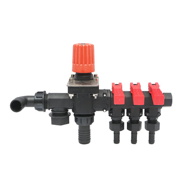 Distributor with 3 outlets and glycerin manometer for herbicide sprayer.