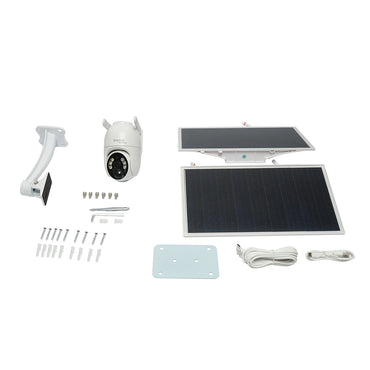2MP surveillance camera with solar panel and 18000mAh battery, 4G SIM card, 360-degree PTZ rotation, human detection PIR, and Ubox application.