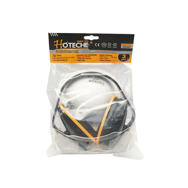 Set of work equipment including dust mask, glasses, and Hoteche headphones.