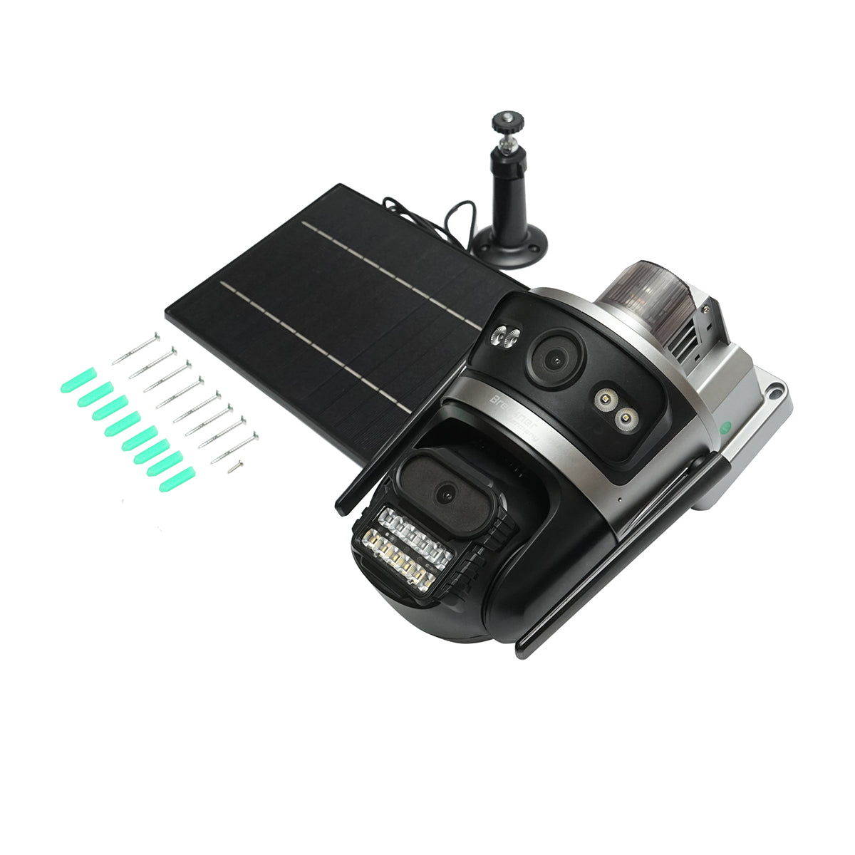 Dual lens 4 MP surveillance camera, 4G SIM card, 2.4 GHz WIFI with 7.6W solar panel, fast charging 18650 battery, 360-degree rotatable PTZ with motion sensor, human detection PIR, alarm, night vision, and iCSee application