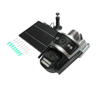 Dual lens 4 MP surveillance camera, 4G SIM card, 2.4 GHz WIFI with 7.6W solar panel, fast charging 18650 battery, 360-degree rotatable PTZ with motion sensor, human detection PIR, alarm, night vision, and iCSee application