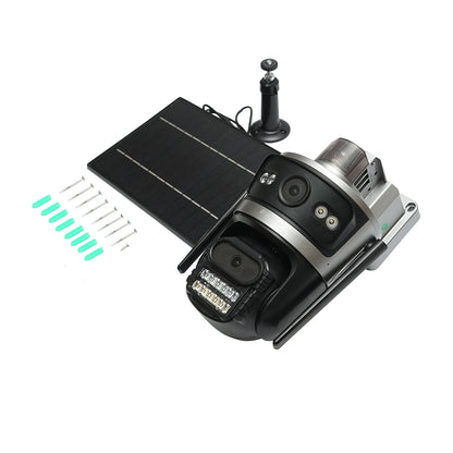 Dual lens 4 MP surveillance camera, 4G SIM card, 2.4 GHz WIFI with 7.6W solar panel, fast charging 18650 battery, 360-degree rotatable PTZ with motion sensor, human detection PIR, alarm, night vision, and iCSee application
