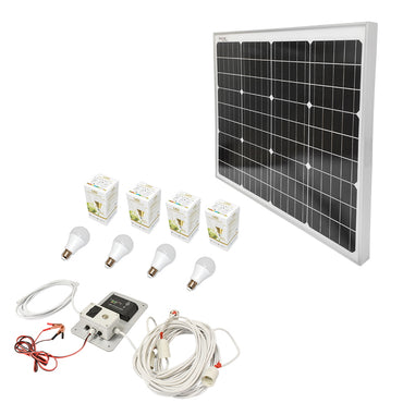 Set of 50W monocrystalline photovoltaic solar panel 670x540x30mm 12-24V cigarette lighter socket with 4 lamps 9W Breckner Germany